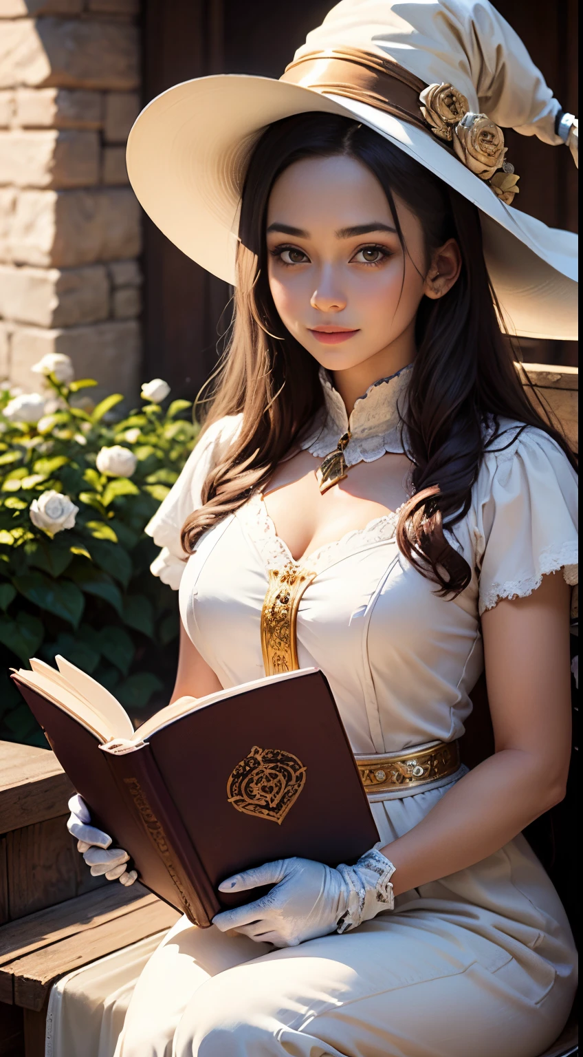 Beautiful young girl 12 years old, The girl smiles sweetly, Girl reading a huge ancient book, His face is illuminated by the bright rays of the sun, The girl is dressed in a white dress, witch&#39;s hat on the head, The perfect female face of the goddess, Деталь 8k, photo realistic style, sharp-focus, Professional lighting, colorful details, The painting is built according to the rule of the golden ratio, Around the garden of white roses, full-arm-gloves