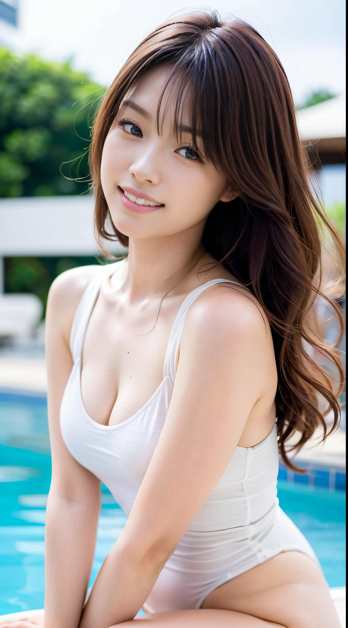(((Sit by the pool,Beautiful woman posing with her feet in the water))),(((masutepiece:1.6))),(((ulzzang-6500))),(((perfect anatomia:1.6))),(((Deep depth of field with Hasselblad))),(((Sexy waist))),masterpiece,top-quality,超A high resolution,High detailed portrait,(photographrealistic:1.4),(((High nose and chiseled beautiful face))),(((Raking up your hair))),Fair skin is dazzling,(((I'm wearing a simple high-leg one-piece swimsuit in all white))),Raise your chin and look up at the sky,((Full body shot from a low position)),20yr old,cute little, Her long shiny chestnut hair is braided and looks cute,Bangs swaying in the wind,((Proud F cup beautiful breasts )),(The waist is irresistible.),(Famous popular actresses of Japan),(Smile with the corners of your mouth raised),(Happy face,sano),(Sounds like fun),High detailed eyes,((Gravure shooting by the pool in Hawaii)),((Cool face with disheveled bangs,Gaze staring at the sky,Long lashes are impressive,Big eyes,Distinct double eyelids,glowy skin,Thick lips with lip gloss)),(((perfect anatomia:1.4))),