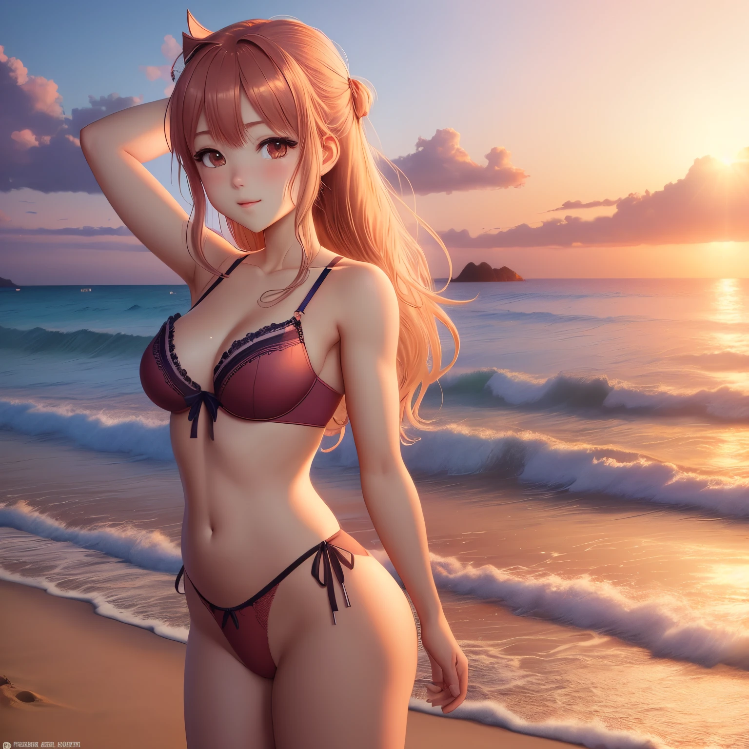 8k, hd, 1 anime style girl, Beach sunset, athletic body, perfect skin, well designed body, wearing lingerie