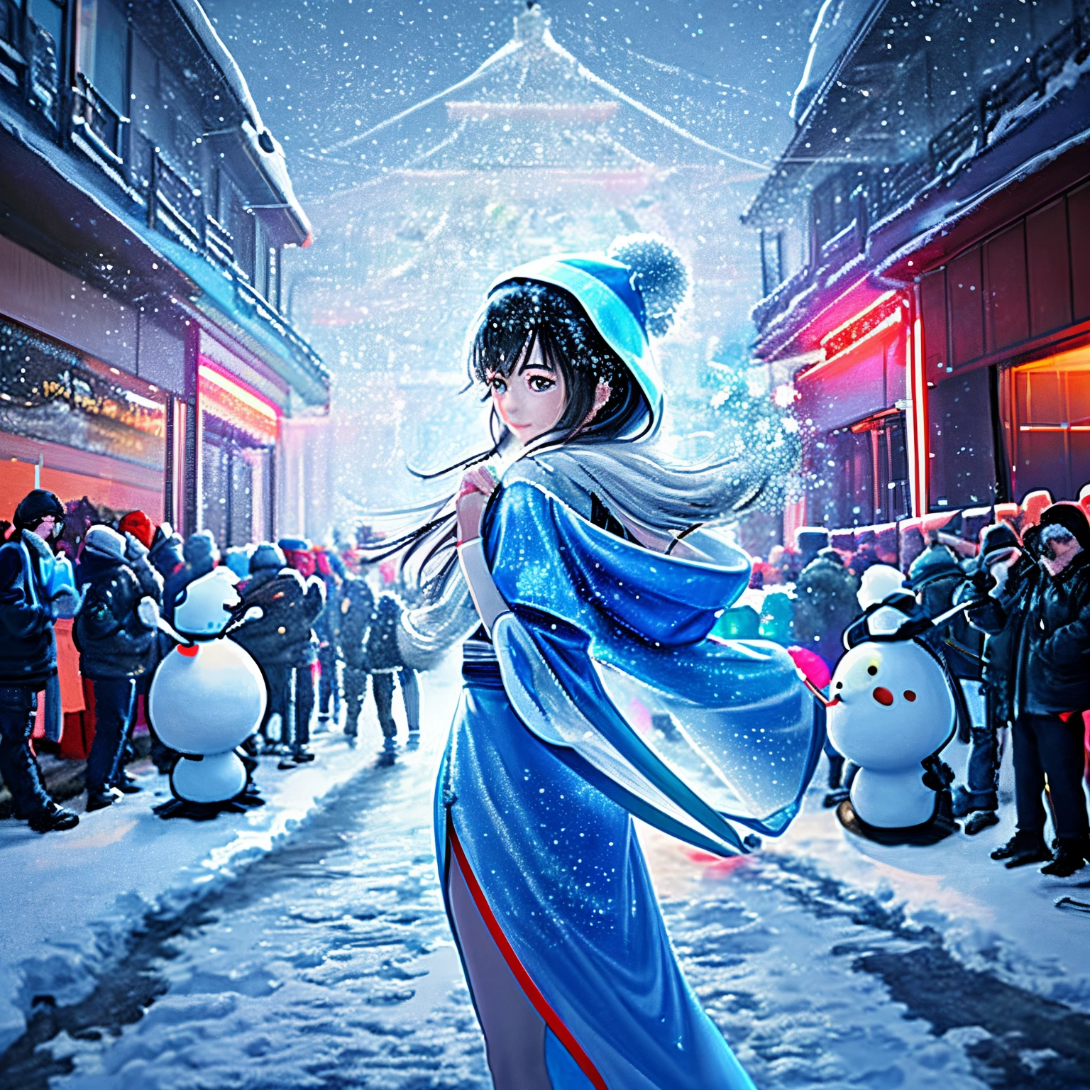 Cute girl with neon hoodie , nightscape, pose sexy back view ,traje futurista,ciudad, futurista In the snowy winter scene，People celebrate the festival happily，Decorated with ornate houses。The paintings vividly show people having snowball fights、Joyful scene of building snowmen，At the same time, the delicate texture of falling snowflakes is depicted。Warm lights sprinkle on the snow，It creates a warm and pleasant atmosphere。