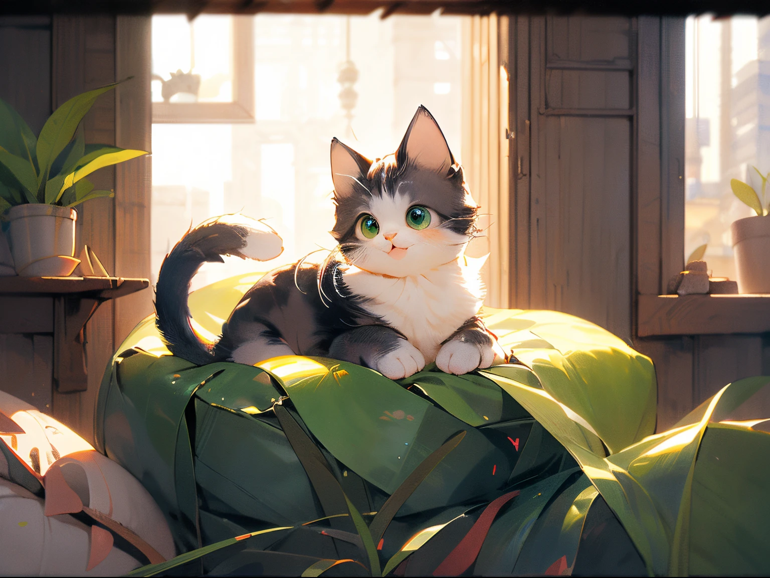 scottish fold cat, fluffy, playful, vibrant colors, in a cozy home, surrounded by toys, with beautiful green eyes, (realistic, highres:1.2), with a soft focus, in a portrait style, with warm lighting, sitting on a cushioned window sill, looking out at a sunny garden.