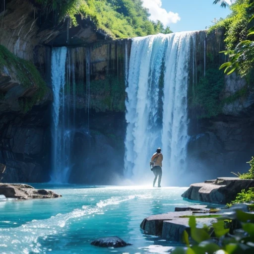 waterfallr,a paradise、Huge walls of ice、tunnel、a plant、verdant、Skysky、suns,Handsome guy and beauty,play,Wet