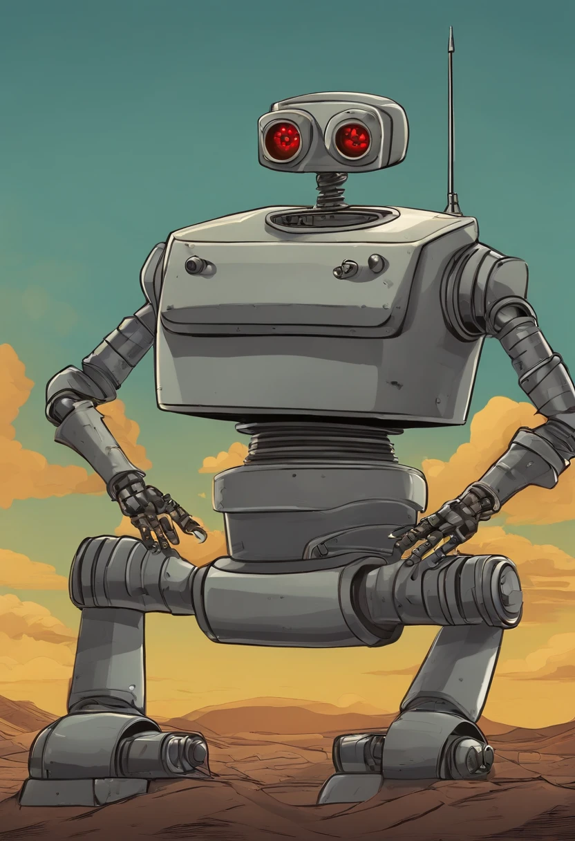 A photo of Bender at a robot demolition derby,Futurama,He often has a beer and cigar. Being that he is a robot, he doesn’t wear clothes. He is gray and made of simple geometric shapes. His arms are flexible tubes. His body has a "shiny metal ass", two legs, two "Extens-o-matic" arms (right called "Gropie" and left "Cheatie" by Bender) with three fingers each, a head with two replaceable eyes shaped like light-emitting diodes, and a mouth used for fuel intake and voice communication.