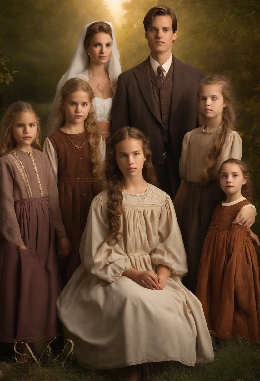 A group of young girls being taught by the king's wives,original,Elijah King, a fictional character reminiscent of Warren Jeffs, stands as a commanding figure in his community, often seen in traditional, modest attire that signals his self-proclaimed spiritual leadership. His stern, unsmiling face and piercing gaze convey a sense of authority and an unyielding belief in his own doctrines.