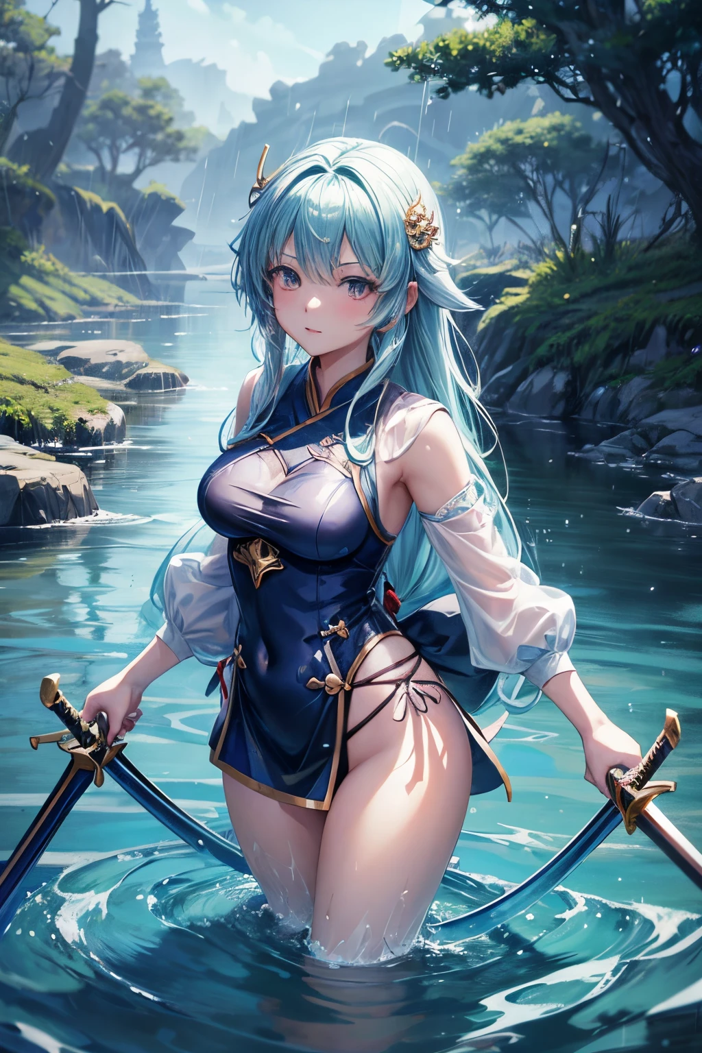 Anime girl with sword in water with rain, Yang Jie’s animations, Pixiv Contest Winner, Fantasyart, best anime 4k konachan wallpapers, Anime art wallpaper 4k, Anime art wallpaper 4k, Anime art wallpaper 8 K, Anime wallpaper 4k, Anime wallpaper 4k, Ayaka Genshin impact, 4k anime wallpapers