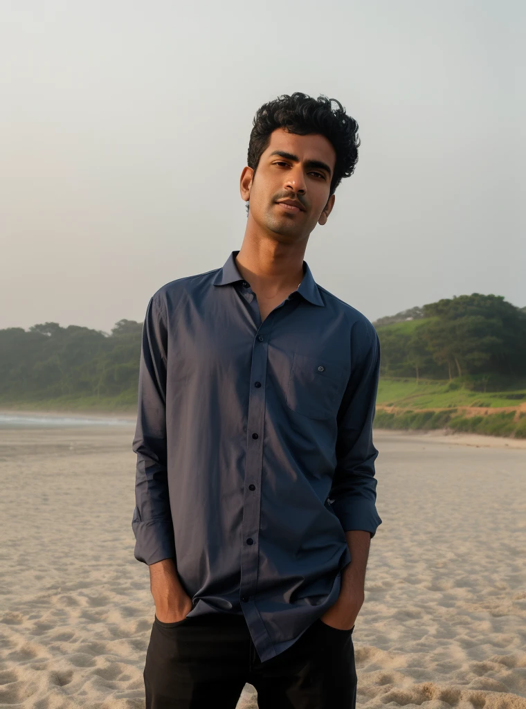 arafed man standing on a beach with his hands in his pockets, mid shot portrait, inspired by Bikash Bhattacharjee, full body photogenic shot, taken at golden hour, dark blue shirt, with a cool pose, closeup portrait shot, front portrait, jayison devadas style, cinematic full shot, candid picture, portait image