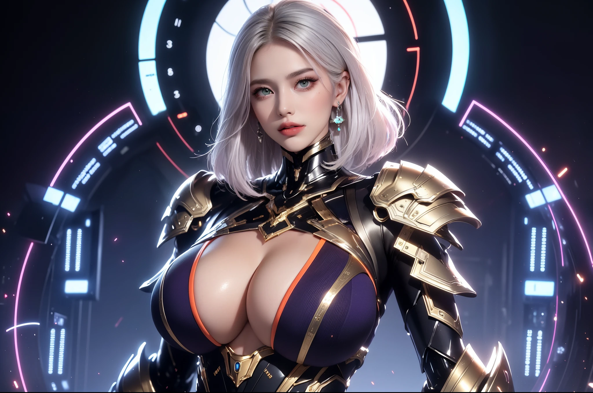 (masterpiece), best quality, expressive eyes, perfect face, beautiful details face, beautiful round eyes, full body, A beautiful mature woman in cyber armour suit shows her Extremely busty and attractive breasts, (arrogant face), (silver purple hair), (bob cut, streaked hair, expressive hair, shiny hair, glowing hair, multicolored hair, gradient hair, colored inner hair, straight hair, very short hair), fair skin, (beautiful detailed full bodysuit:1.3), (full body cyber armour), glowing and shining armour, silver and blue cyber armour, (cybernetic wings:1.2, Gigantic  mechanical wing:1.2), (Edge lights:1.3), (silver and orange colour scheme:1.3), neon light on armor, beautiful details eyes, (light green eyes:1.3), (glowing eyes:1.2), (Gigantic saggy breasts:1.3), tight breasts, thick body, (well accentuated curves), pink lips, (silver nails), mascara, Long eyelashes, eyeliners, (Extremely wide well defined hips:1.3), (beautiful massive thick thighs:1.3), slender figure, (Extremely detailed skin texture:1.2), beautiful detailed realistic muscle definition, golden lights that shimmer, high detailed eyes, ultra-high quality model, proportionate, intense colouration fantasy, (background fantasy cyber city), pink and gold tetradic colours, earrings, (1girl), solo, cowboy shot, shine, glowing