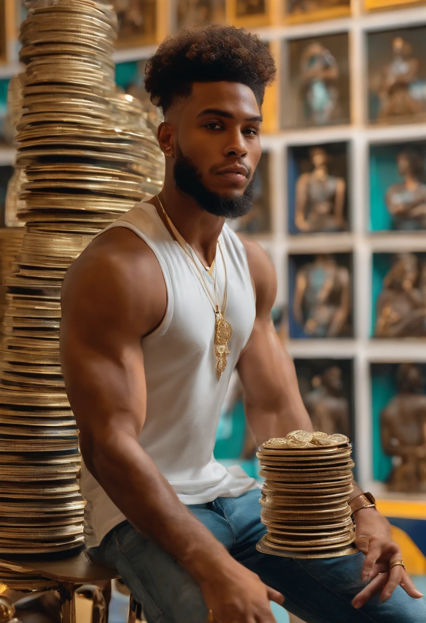 The image is of the character posing with a stack of NFTs in a flashy art gallery in Miami.,original,25 years old, has shaved sides but curly hair on top. Lives in Miami. Drives a g wagon,