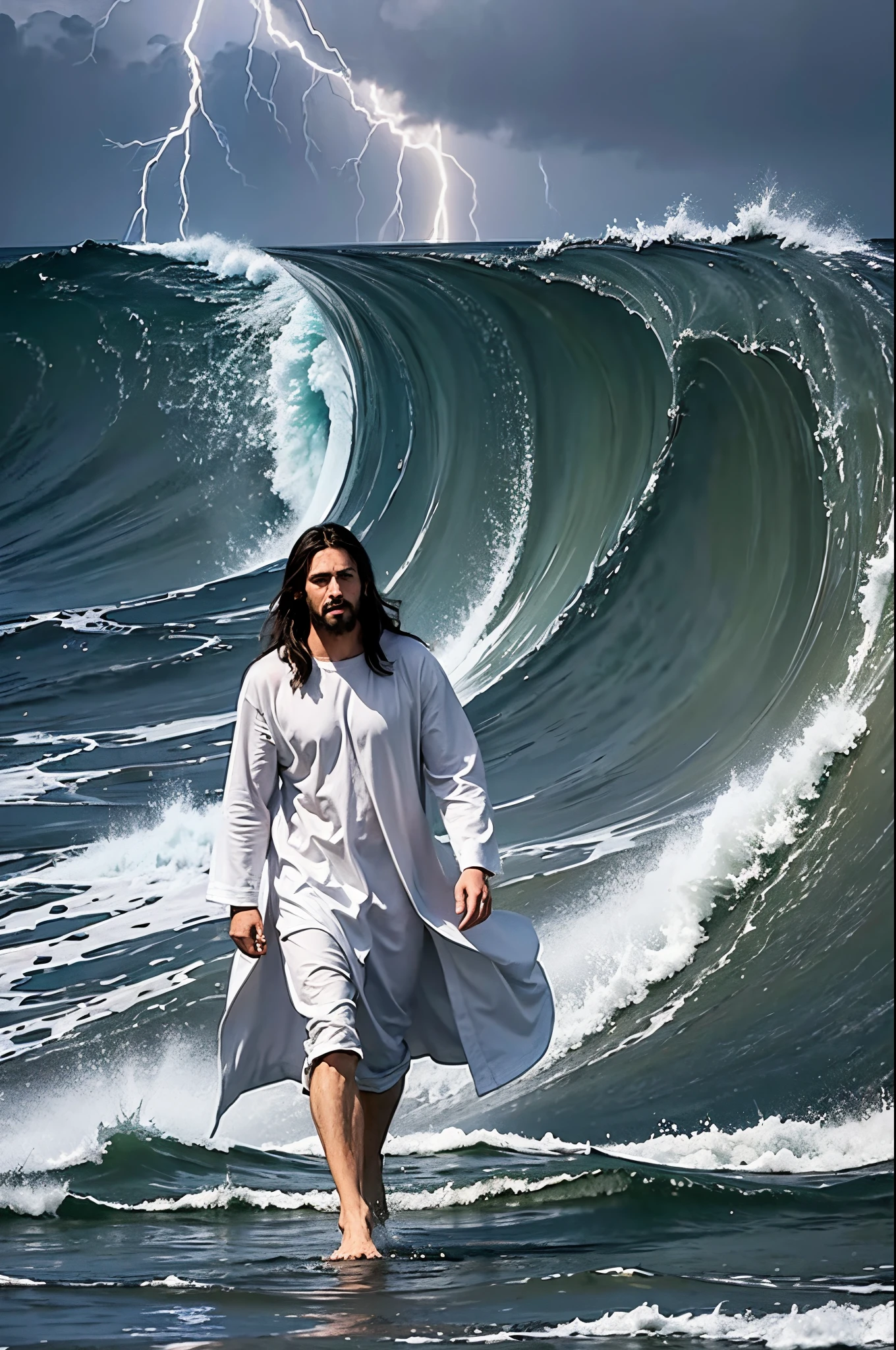 Jesus walking on water, stormy sea, big waves, rain, thunder, night