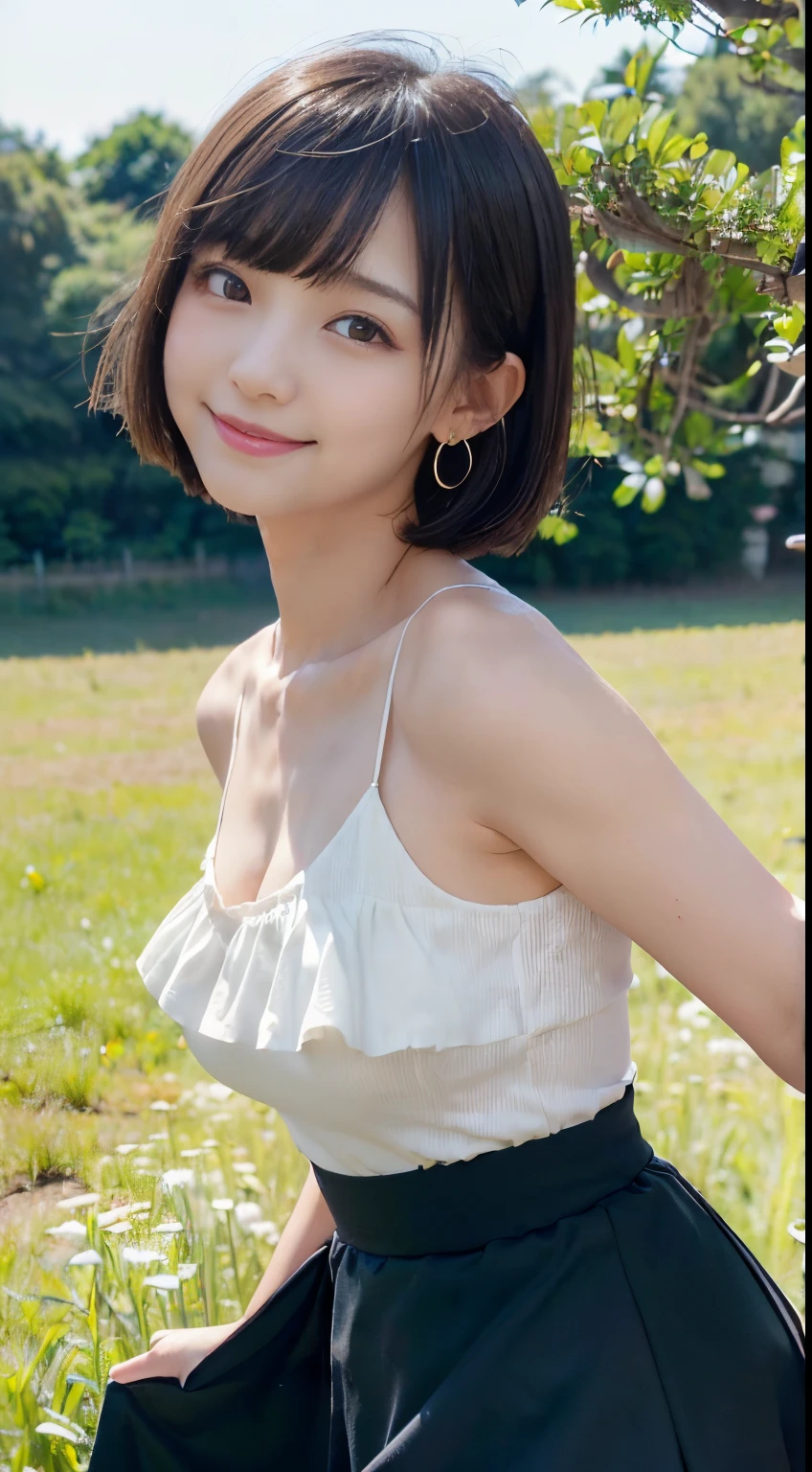 (Surrealism, natural lighting, masterpiece, super detail, anatomically correct), (Put own hands behind back, tilt your head, smile, Look at viewer, Look at camera:1.3), (ruffle maxi long skirt, White dress, veil), (Japanese high school girl, surreal girl, idle face, 16 years old, slim waist and large breasts style, short height, younger sister girl, round face, eyebrows downward, short bob cut, black hair, bangs, one earring, lively eyes, light blush, Look at viewers, affectionate cute:1.2), (wide grassland, blue sky, skirt is floating in the wind)