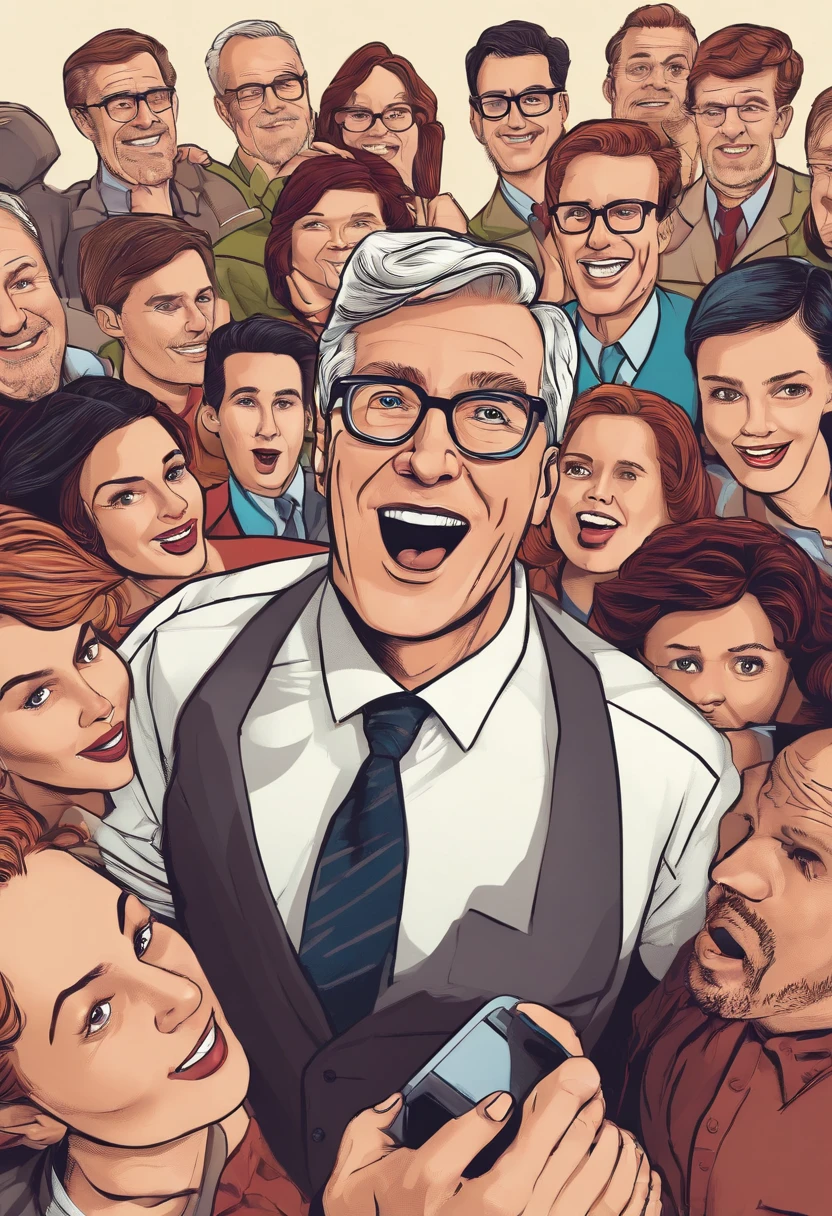 The image is of a frantic close-up selfie with a group of people in the background, as I passionately explain the benefits of extended warranties.,original,Middle-aged white guy in business casual attire. A bit nerdy