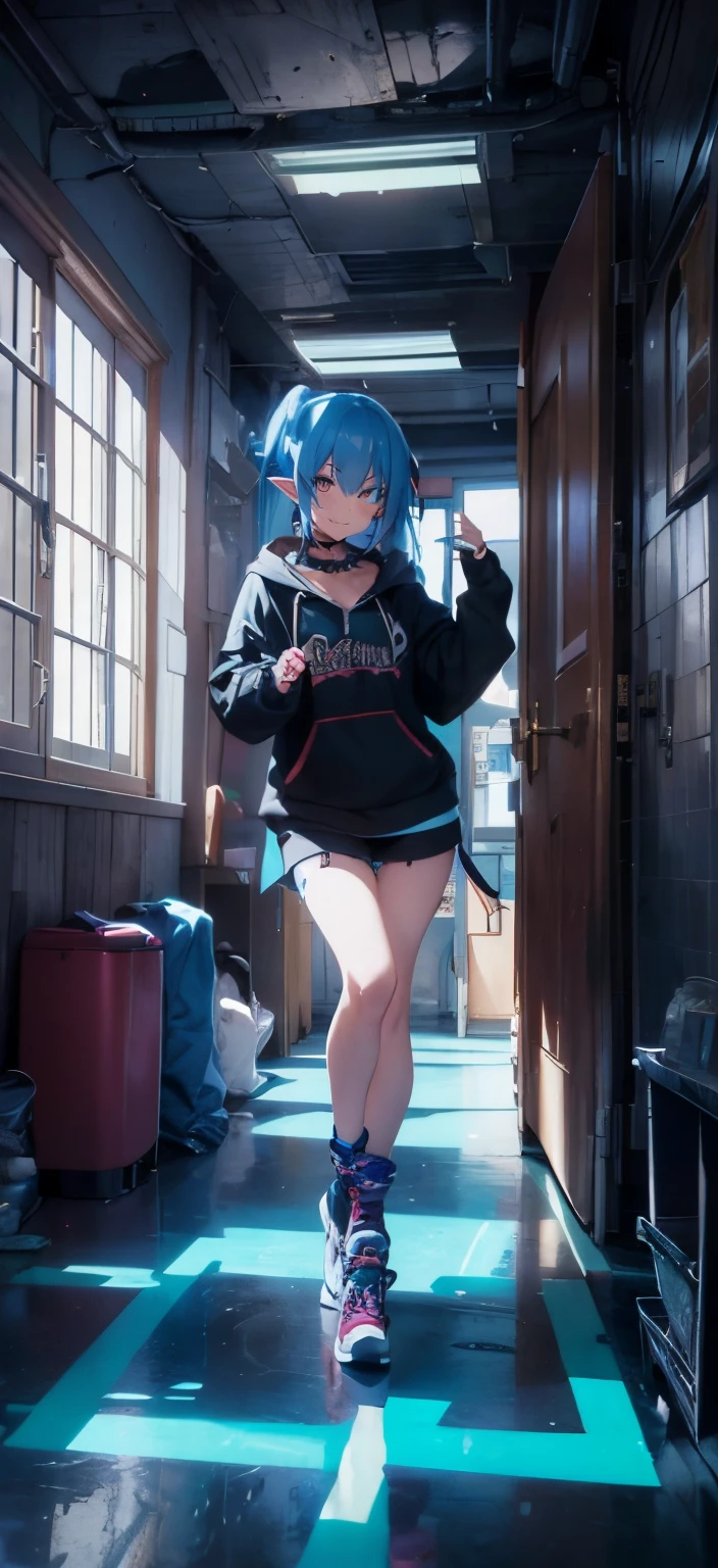 Beauty、、butt、light blue underwear、hoodie、、short hair、light blue hair、pantyhose、garter belt