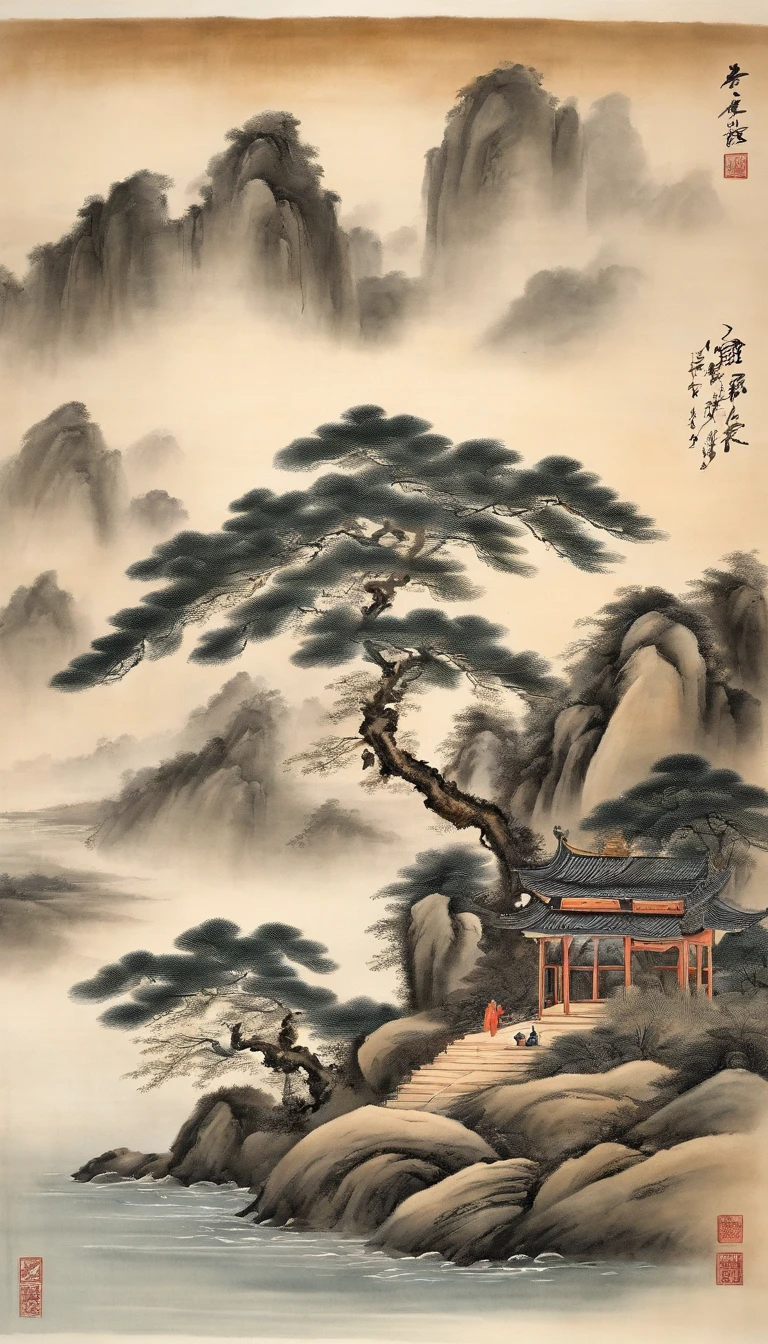 Chinese landscape painting,Ink painting and watercolor,Ancient figures,The scholar,Lao Tzu,disciple,ink,soiled,Faraway view,Ultra-wide viewing angle,meticuloso,distant boat,Faraway view,meticuloso,soiled,low-saturation,low-contrast,The light boat has crossed the Ten Thousand Heavy Mountains,Beautifully depicted,Detailed pubic hair,Acura,Works of masters,tmasterpiece