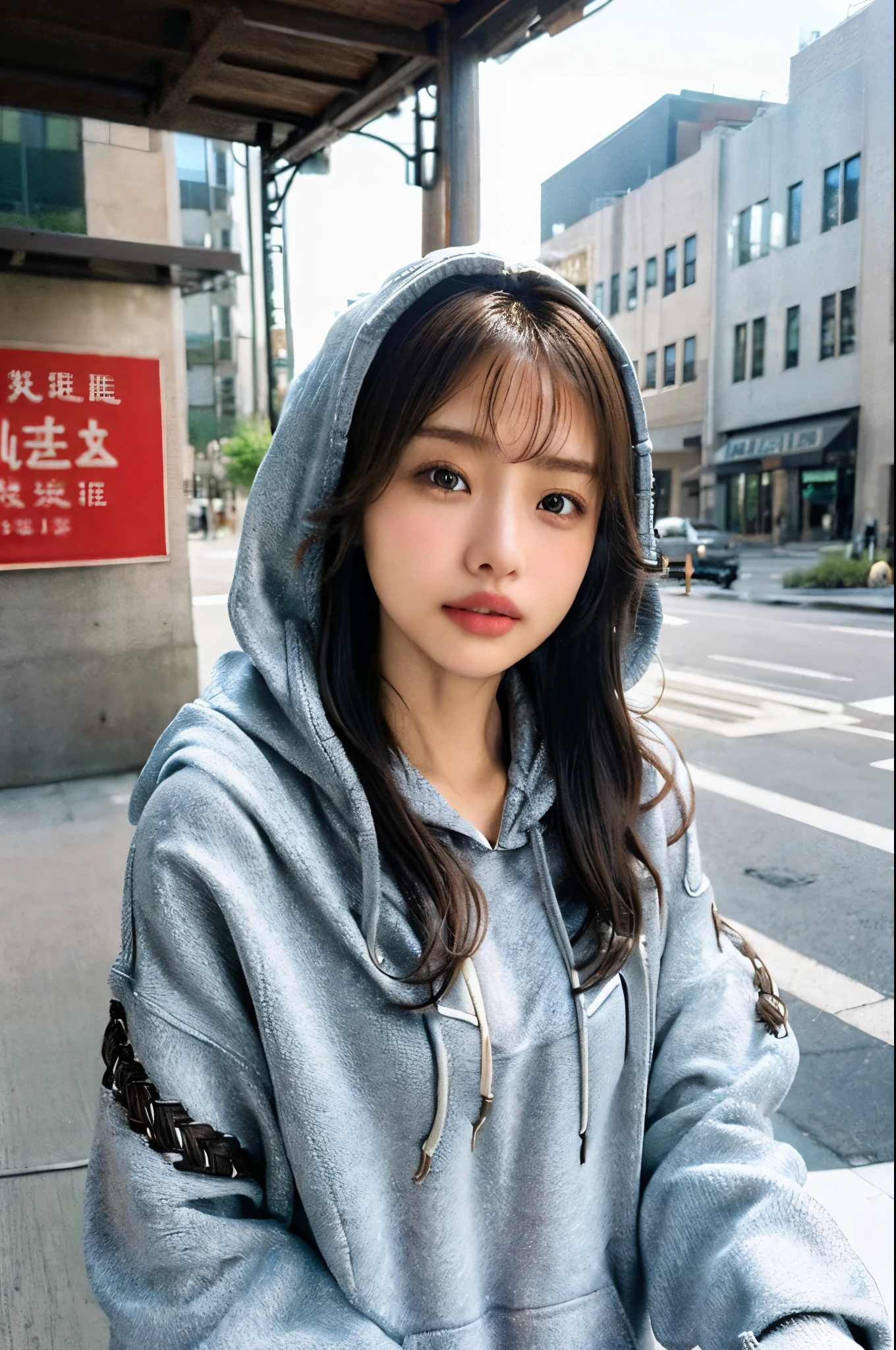 (frombelow:1.4)、((1girl in)),Light Brown Fringe Hair、Braided hair、disheveled hair、Light brown eyes、(dignified expression)、(爆乳:1.7)、Emphasize the valley、(Photorealsitic)、(intricate detailes:1.2)、(​masterpiece、:1.3)、(top-quality:1.4)、(超A high resolution:1.2)、超A high resolution、(A detailed eye)、(detailed facial features)、(Wear a fashionable hoodie:1.4),Adidas,(selfee:1.3)