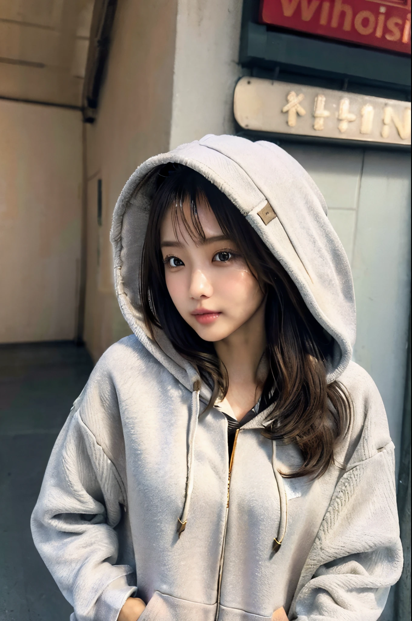 (frombelow:1.4)、((1girl in)),Light Brown Fringe Hair、Braided hair、disheveled hair、Light brown eyes、(dignified expression)、(爆乳:1.7)、Emphasize the valley、(Photorealsitic)、(intricate detailes:1.2)、(masterpiece、:1.3)、(top-quality:1.4)、(超A high resolution:1.2)、超A high resolution、(A detailed eye)、(detailed facial features)、(Wear a fashionable hoodie:1.4),Adidas,(selfee:1.3)