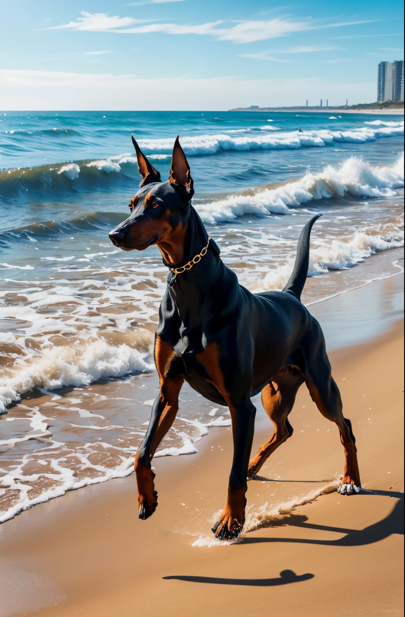 doberman dog, walking on the beach, golden sand, blue ocean, sunny day, rolling surf, (masterpiece:1.2) (photorealistic:1.4)