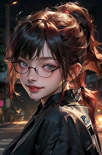 1woman with glasses, Japanese girl, (blunt bangs hairstyle), (fringe cut bangs hairstyle), (The forehead is hidden by bangs), (red hair:1.5), (low pony tail:1.5), (asymmetrical messy hair), (((black-rimmed round glasses))), (((beautifully detailed face))), (((perfect face))), (((Beautiful detailed eyes))), (((perfect eyes))), ((sharp eyes)), (Blue eyes), punk makeup with so many eyelashes and jet black eyeshadow, ((sadistic grinning smile), (open mouth:1.5)), (tanned skin:1.5), (((stand neck coat)), street fashion, sport pants, (Solo), (hand on hip), perfect anatomy, slender, abs, (thin waist), (handsome face:1.3), (crazy smile:0.8), (teeth fangs:1.2), ((Narrowed Eyes)), (((staring at me with a provocative smile))), (half-closed eyes:1.4), (((black thick rimmed glasses))), (high detailed skin), ((top-quality)), ((High Definition)), ((beautiful detailed)), high quality shadow, mostly cloudy sky, ((official art)), octane render, two-tone lighting, (Cyberpunk city street background, detailed background), White balance, Long Exposure, Depth of Field, anatomically correct, (((Best Quality))), (((masterpiece))), (((Super Detail))), (((UHD)))