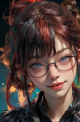 1woman with glasses, Japanese girl, (blunt bangs hairstyle), (fringe cut bangs hairstyle), (The forehead is hidden by bangs), (red hair:1.5), (low pony tail:1.5), (asymmetrical messy hair), (((black-rimmed round glasses))), (((beautifully detailed face))), (((perfect face))), (((Beautiful detailed eyes))), (((perfect eyes))), ((sharp eyes)), (Blue eyes), punk makeup with so many eyelashes and jet black eyeshadow, ((sadistic grinning smile), (open mouth:1.5)), (tanned skin:1.5), (((stand neck coat)), street fashion, sport pants, (Solo), (hand on hip), perfect , slender, abs, (thin waist), (handsome face:1.3), (crazy smile:0.8), (teeth fangs:1.2), ((Narrowed Eyes)), (((staring at me with a provocative smile))), (half-closed eyes:1.4), (((black thick rimmed glasses))), (high detailed skin), ((top-quality)), ((High Definition)), ((beautiful detailed)), high quality shadow, mostly cloudy sky, ((official art)), octane render, two-tone lighting, (Cyberpunk city street background, detailed background), White balance, Long Exposure, Depth of Field, anatomically correct, (((Best Quality))), (((masterpiece))), (((Super Detail))), (((UHD)))