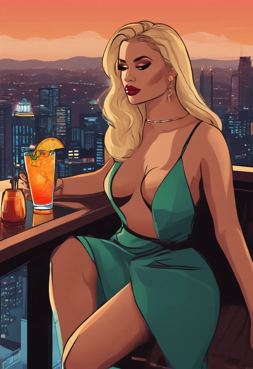 The image is of Jenny sitting at a trendy rooftop bar, sipping on a colorful cocktail, with the city skyline in the background.,original,Jenny is a woman with tanned skin, lots of makeup, long straight blonde hair, large breasts and butt