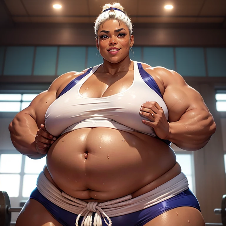 1girl, solo, Dark skin, giantess, ((strongfat)), ssbbw, obese, strong arms, white hair, blue eyes, mawashi, tall, looming over viewer, (gentle smile), gigantic, insanely large belly, sweaty, subtle blush, workout, middle aged woman, (bare arms), lifting weights, ((massive biceps)), wide, viewer looking up, ((sumo wrestler))