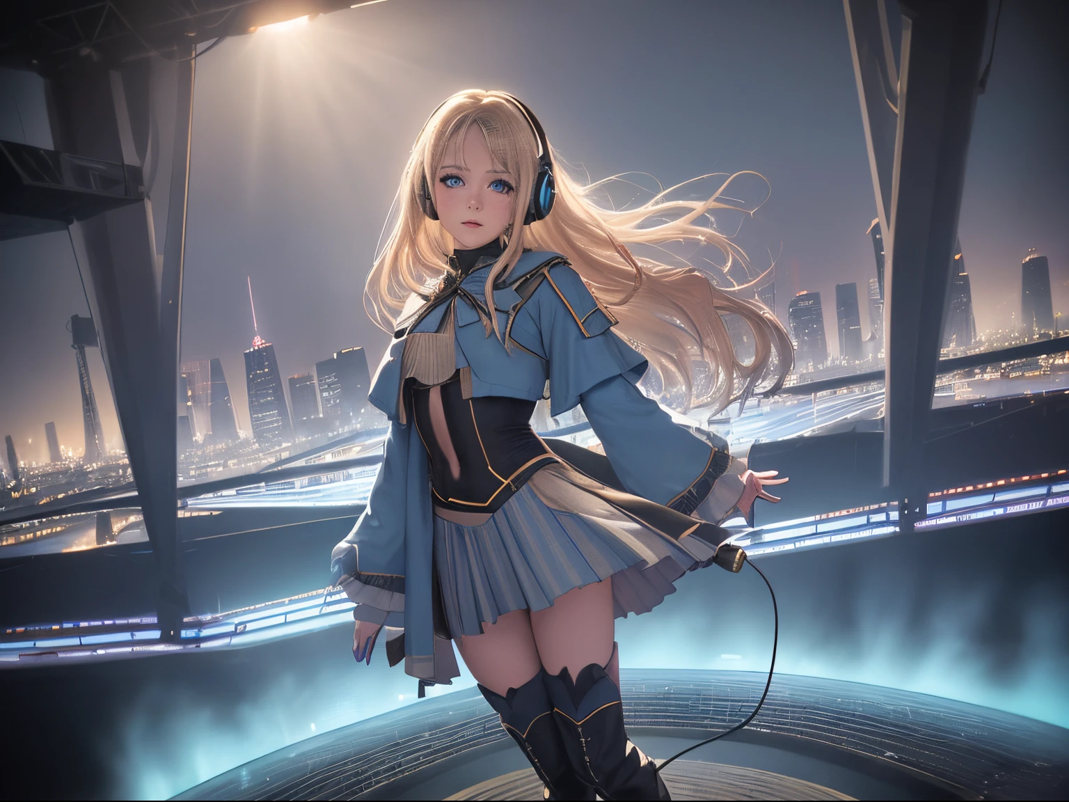 abstract colors, texture, film grain, dusty atmospheric haze, vignetting, wrinkles:0.2 intricate hasselblad dslr RAW full-body dramatic portrait photo of a beautiful blue eyes singer girl with long (windblown)1.2 blonde hair wearing a navel look costume, she is wearing headphone,skirt and long boots, singing on the stage overlooking a (scifi solarpunk)1.2 city skyline, standing, night, (backlit)1.2, (film grain)1.2, coastal atolls
