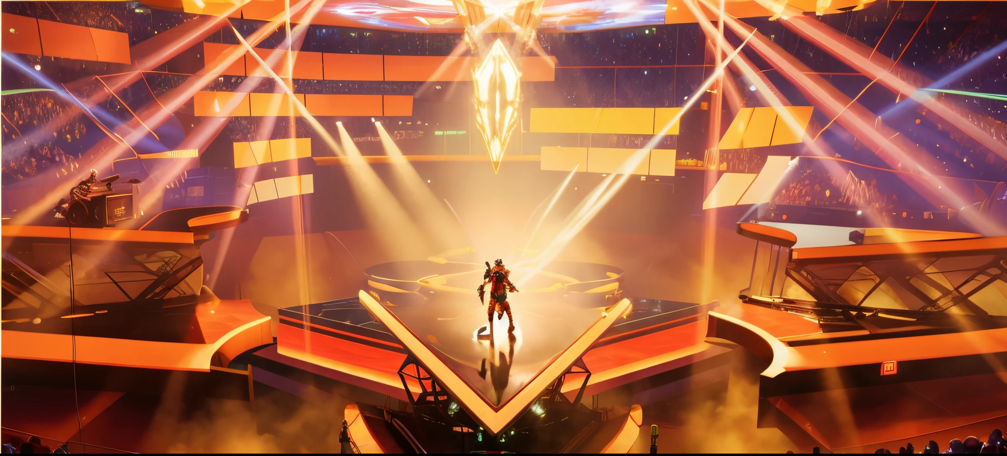 A concert，There&#39;s a guy standing on the stage with a microphone, on a future stage,Behind is the auditorium， proper style, arena background, rossdraws global illumination, dramatic lights. concept-art, video game screenshot>, in the middle of the arena, concept-art, concept-art, video game screenshot, game screenshot, pc screenshot, Video game screenshots in 2020