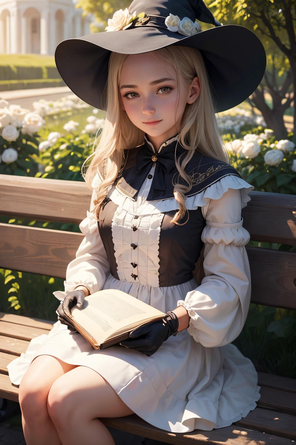 Beautiful young witch sitting on a bench, The girl smiles sweetly, His face is illuminated by the bright rays of the sun, The girl is dressed in a white dress, witch's hat on the head, The perfect female face of the goddess, Деталь 8k, photo realistic style, sharp-focus, Professional lighting, colorful details, The painting is built according to the rule of the golden ratio, Around the garden of white roses, full-arm-gloves, Girl reading a huge ancient book