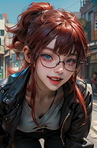 1woman with glasses, Japanese girl, (blunt bangs hairstyle), (fringe cut bangs hairstyle), (The forehead is hidden by bangs), (red hair:1.5), (low pony tail:1.5), (asymmetrical messy hair), (((black-rimmed round glasses))), (red pony tail:1.5), (((beautifully detailed face))), (((perfect face))), (((realistic face))), (((Beautiful detailed eyes))), (((perfect eyes))), ((sharp eyes)), (Blue eyes), punk makeup with so many eyelashes and jet black eyeshadow, ((sadistic grinning smile), (open mouth:1.4)), (tanned skin:1.5), (((stand neck coat)), street fashion, (sport pants), (Solo), (hand on hip), perfect anatomy, slender, small bust, abs, (thin waist), (handsome face:1.3), (crazy smile:0.8), (teeth fangs:1.2), ((Narrowed Eyes)), (((staring at me with a provocative smile))), (half-closed eyes:1.4), (((black thick rimmed glasses))), (high detailed skin), ((top-quality)), ((High Definition)), ((beautiful detailed)), high quality shadow, mostly cloudy sky, ((official art)), octane render, two-tone lighting, (Cyberpunk city street background, detailed background), White balance, Long Exposure, Depth of Field, anatomically correct, (((Best Quality))), (((masterpiece))), (((Super Detail))), (((Photorealistic))), (((UHD)))