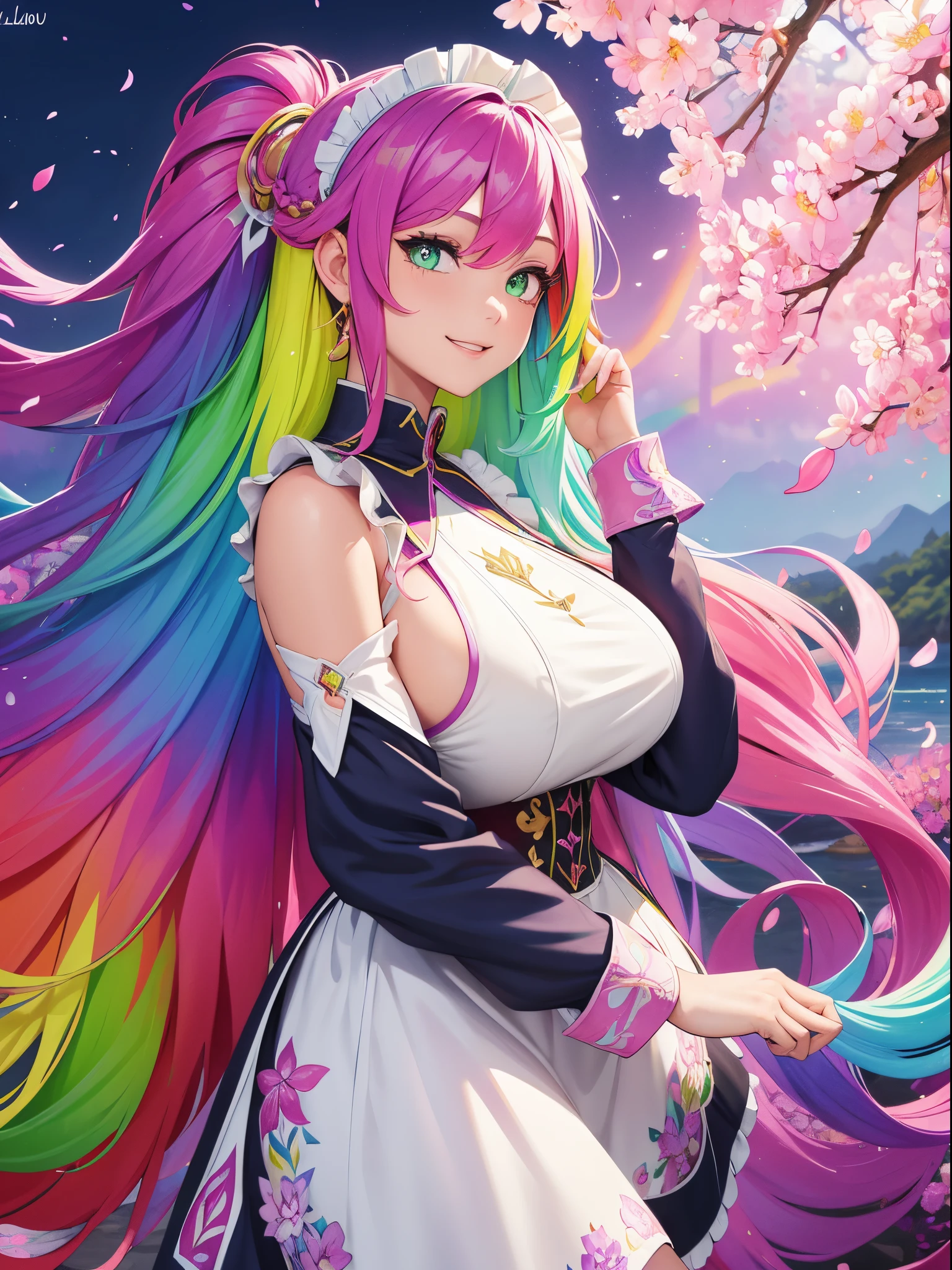 Playing in the tide,Luxley, Split color hair, Wind, Flying petals, stainedglassai, ornamental, Intricate details, dufkova, 2D, linear art, watercolor paiting, ink watercolor, Colorful hair, Super long hair,Big braid ponytail,Ahoge, Wavy,colorful house maid uniform,Rainbiu color maid clothes, One Girl's Maid,alraune,flower, alraune,(Colorful colorful:1.9),gigantic busty woman,Gentle smile,