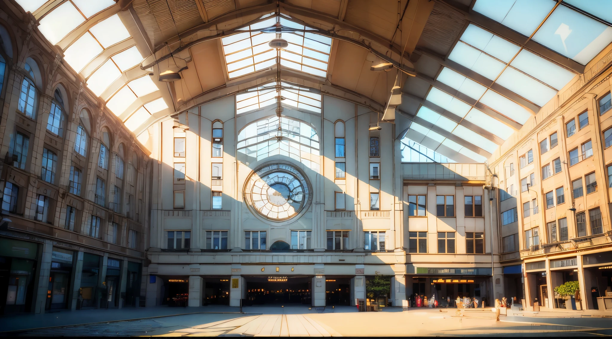 There is a large market hall, warmes Sonnenlicht scheint hinein, Sonnenstrahlen in der Mitte, Sonnenlicht, das durchscheint, Goldene Stunde Sonnenlicht, Great Hall, viel Sonnenlicht, Light breaks through the roofs