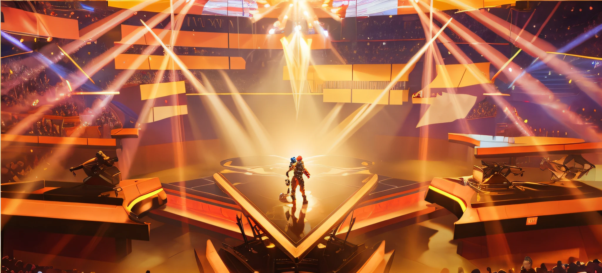 A concert,There's a guy standing on the stage with a microphone, on a future stage,Behind is the auditorium, proper style, arena background, rossdraws global illumination, dramatic lights. concept-art, video game screenshot>, in the middle of the arena, concept-art, concept-art, video game screenshot, game screenshot, pc screenshot, Video game screenshots in 2020