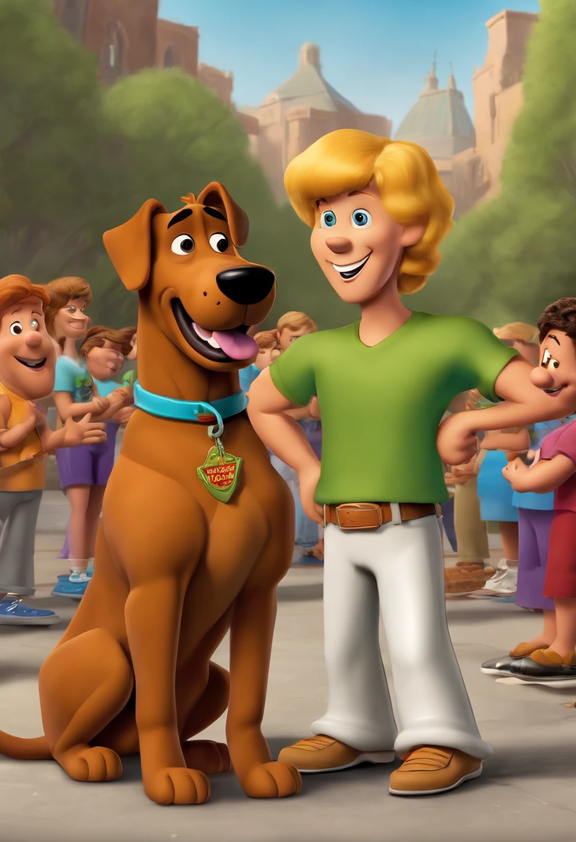A photo of Shaggy and Scooby-Doo competing in a vegetarian hot dog eating contest,Scooby-Doo, Where Are You!,He is a young man with a rough, patchy goatee. His signature attire consists of a baggy green V-neck T-shirt, loose maroon or brown bell-bottom pants, and black shoes.

He is tall and thin with dirty blonde hair. He is not muscular.