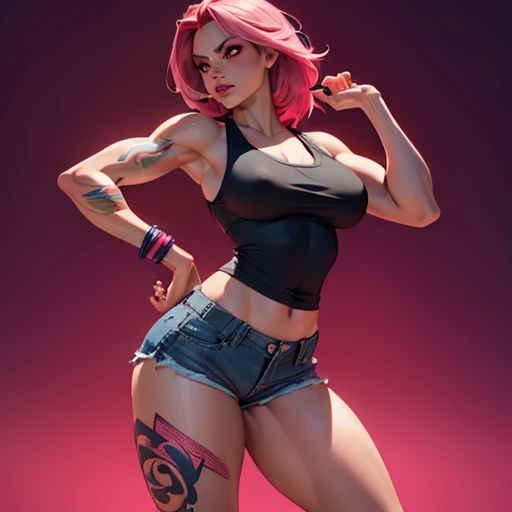 (best quality, highres, ultra-detailed, realistic: 1.37), vivid colors, sharp focus, pink hair, red eyes, power poses, dominant, tight tank top, tight shorts, big things, exaggerated proportions [woman], vibrant background, dynamic lighting, 1 girl, standing, leg tattoo, arm tattoo