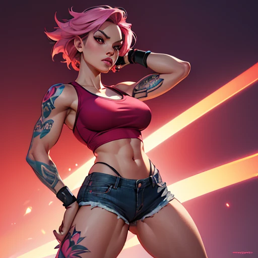 (best quality, highres, ultra-detailed, realistic: 1.37), vivid colors, sharp focus, pink hair, red eyes, power poses, dominant, tight tank top, tight shorts, big things, exaggerated proportions [woman], vibrant background, dynamic lighting, 1 girl, standing, leg tattoo, arm tattoo