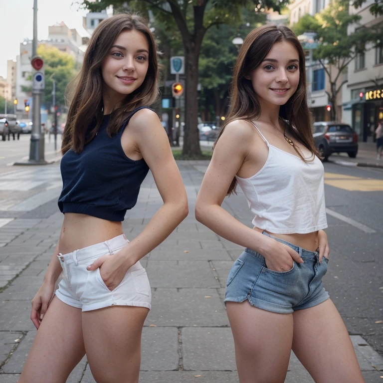 Stunning two Sweet Cutie. photorealistic girls. standing full body, eyes, blue eyes, in public city, skinny, in ass, sexy pussy, girl friend, mini shorts, real Cute face, smiling