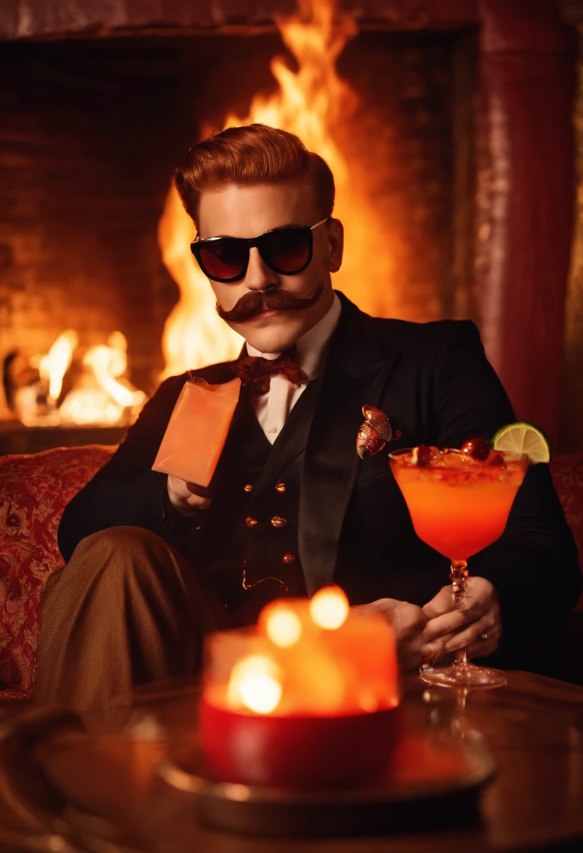 A close-up of FireplaceFrank wearing fire-themed sunglasses and holding a flaming cocktail, standing in front of a stylish fireplace at a trendy lounge.,original,FireplaceFrank has red hair and a handlebar moustache