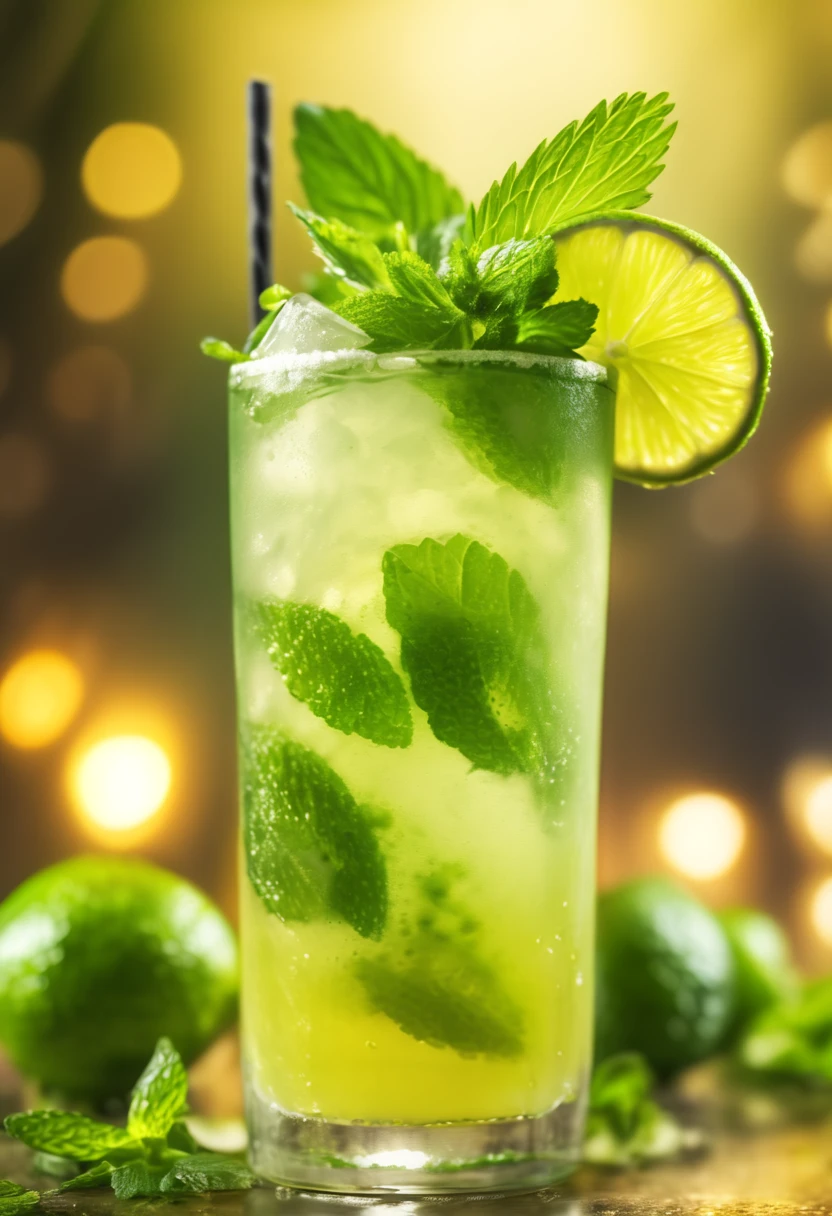 Mojito Cocktail with rum, mint leaves and lime zest, lemonade color, extreme close up photo, texture, green color, background . High quality Stock photo, promo photo, 4k. background banner, Editorial Photography, Shot on 70mm lens, Depth of Field, Bokeh, DOF, Tilt Blur, Shutter Speed 1/1000, high key White Balance, low contrast, Super-Resolution