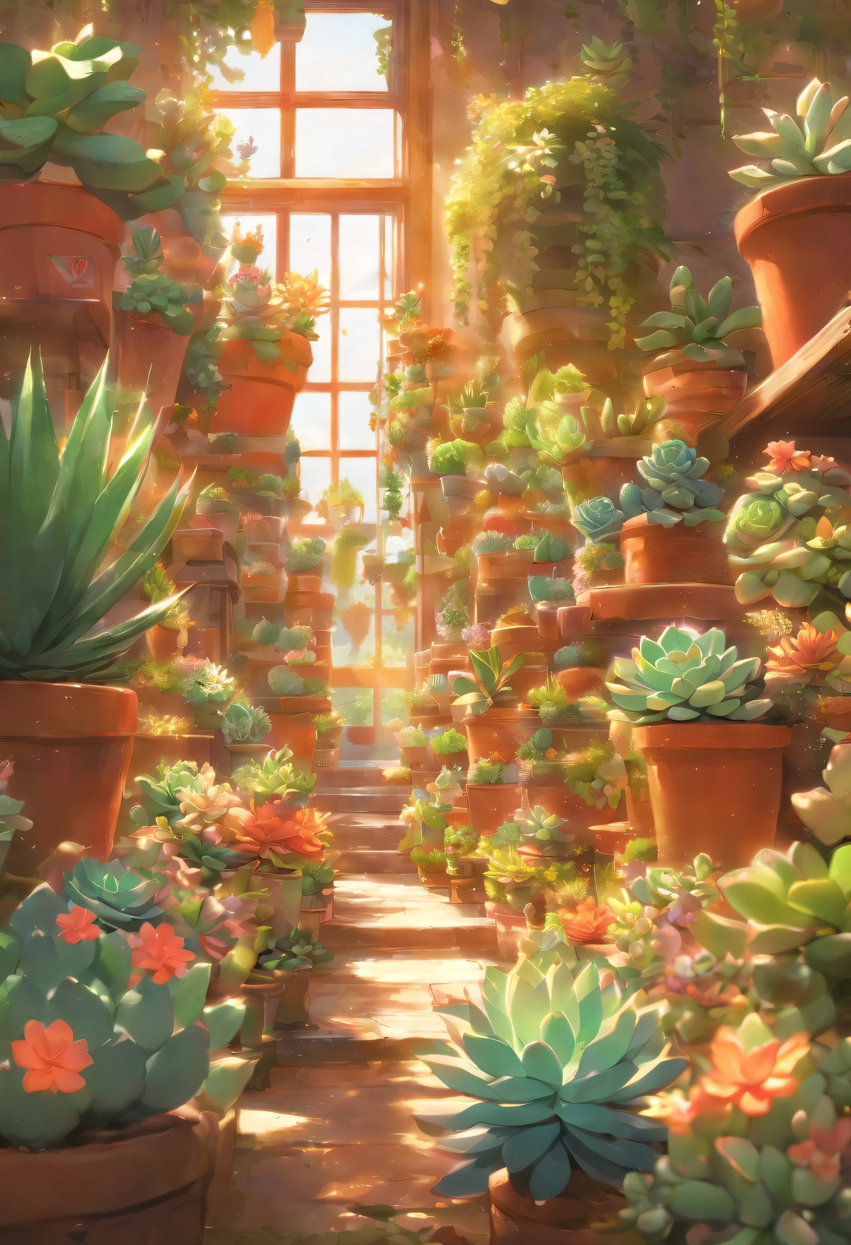 Succulents、potted plant、glasshouse、wide variety of succulents、Flowers bloom on succulents、Botanical Garden、best composition、masutepiece、Photorealsitic、ultra-detailliert