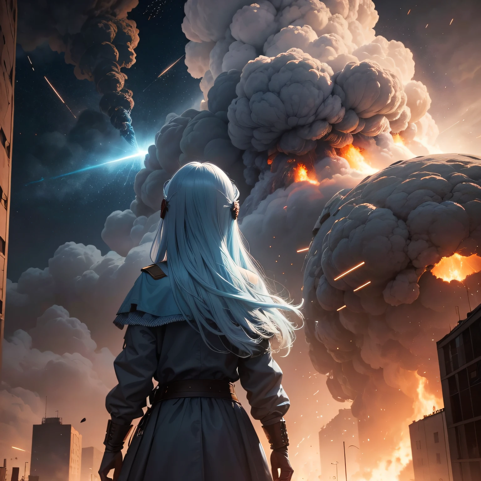 a Russian girl with long light blue hair, seen from behind, watching the end of the world with hundreds of flaming meteorites falling from the sky and crashing into a city, explosion, ultra realistic.