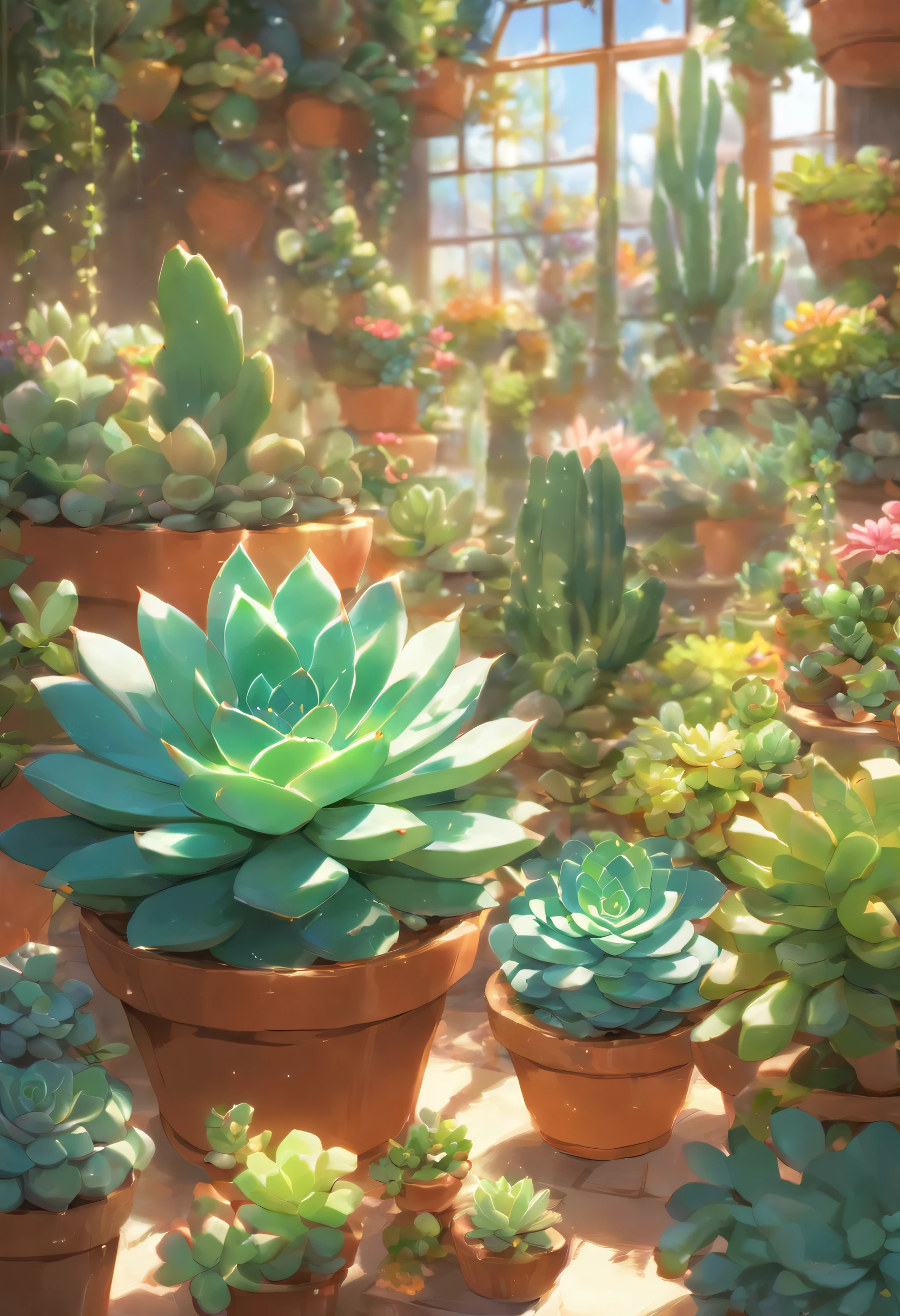 Succulents、potted plant、glasshouse、wide variety of succulents、Beautiful large flowers bloom on succulents、Botanical Garden、best composition、masutepiece、Photorealsitic、ultra-detailliert