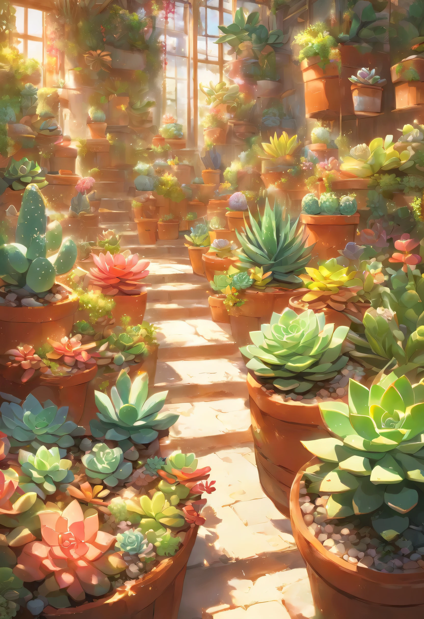 Succulents、potted plant、glasshouse、wide variety of succulents、Flowers bloom on succulents、Botanical Garden、best composition、masutepiece、Photorealsitic、ultra-detailliert