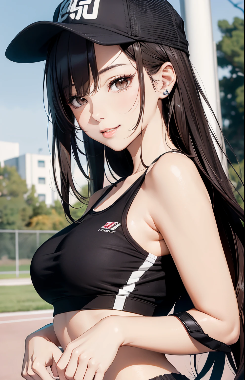 masterpiece、top-quality、hight resolution、High-quality images、8K, 1 woman、skin gloss、Texture of skin and clothing、Detailed eye expression、Lustrous hair,girl with long hair, Manga inspired by Lee Jong-suk, trending on deviantart, Realism, detailed manga style, manga art style, perfect lineart, beautiful line art, digital manga art girl, kpop idol, dress, detailed brown eyes, plump lips, detailed gorgeous face, (cute smile), seductive, innocent, sideview, (perfectly detailed face), (well detailed hand) photorealistic image, depth of field, japanese hime cut hairstyle, sports bra, sports shorts, stylish track suit, white baseball cap, outdoor, public park