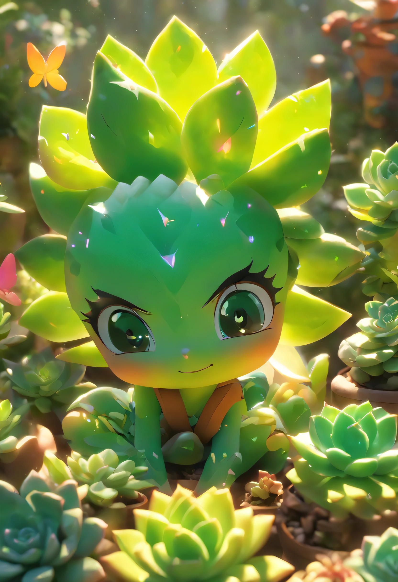 Succulents、potted plant、glasshouse、wide variety of succulents、Botanical Garden、best composition、masutepiece、Photorealsitic、ultra-detailliert、A beautiful shining fairy sitting on a succulent plant