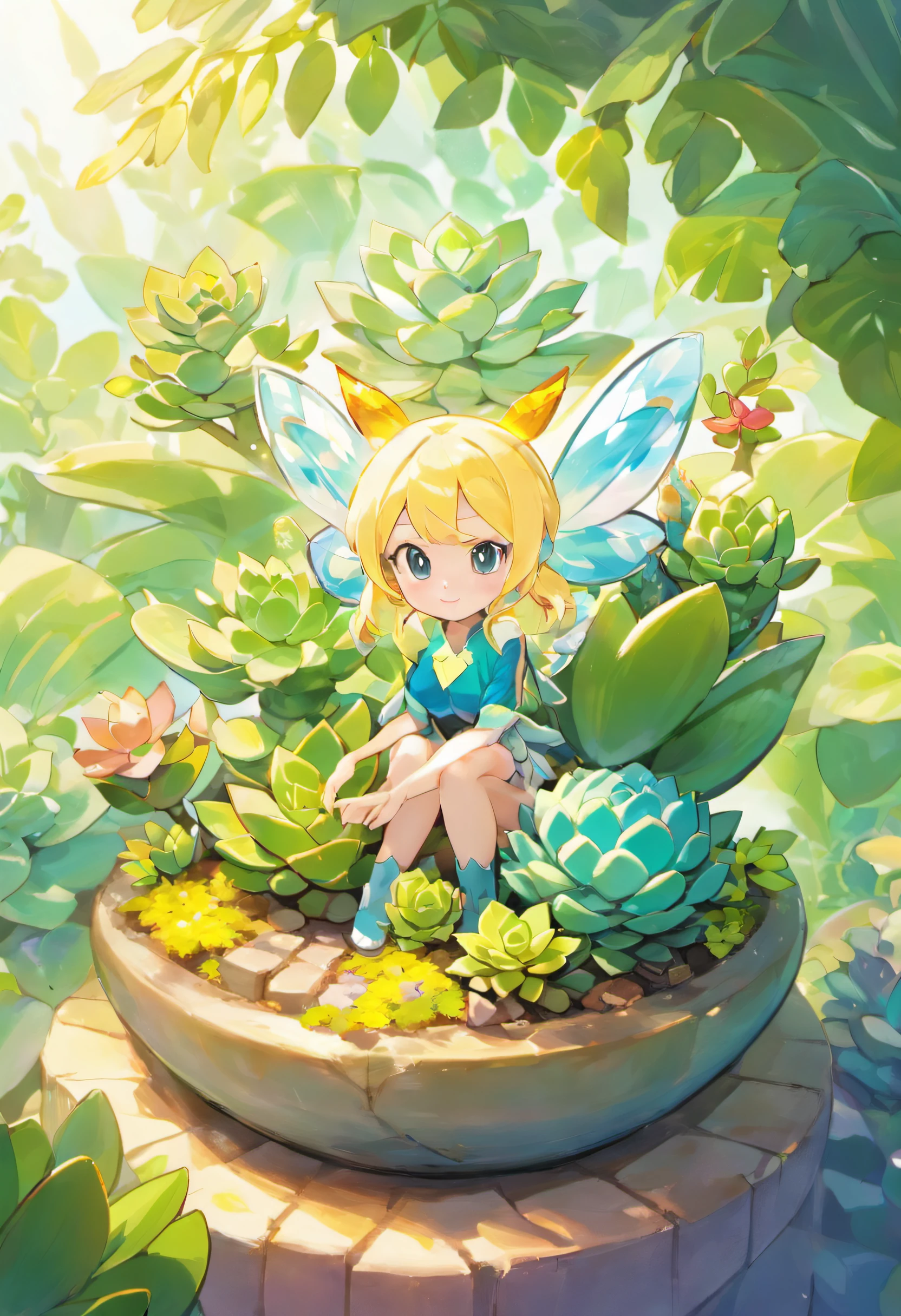 Succulents、potted plant、glasshouse、wide variety of succulents、Botanical Garden、best composition、masutepiece、Photorealsitic、ultra-detailliert、A beautiful shining fairy sitting on a succulent plant