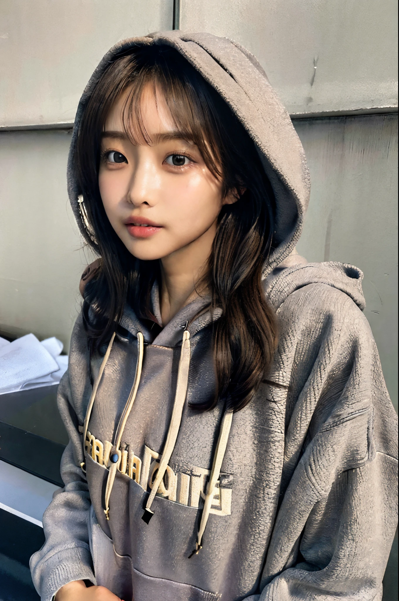 (frombelow:1.4)、((1girl in)),Light Brown Fringe Hair、Braided hair、disheveled hair、Light brown eyes、(dignified expression)、(爆乳:1.7)、Emphasize the valley、(Photorealsitic)、(intricate detailes:1.2)、(masterpiece、:1.3)、(top-quality:1.4)、(超A high resolution:1.2)、超A high resolution、(A detailed eye)、(detailed facial features)、(Wear a fashionable hoodie:1.4),Adidas,