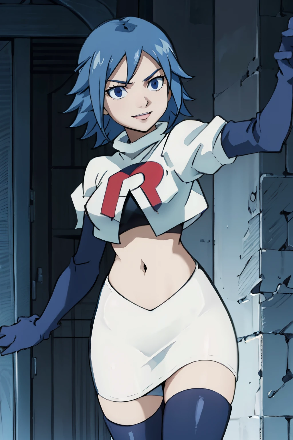 JUVIAJFT ,team rocket uniform, red letter R, white skirt,white crop top,black thigh-highs,black elbow gloves, smile, blue eyes, cowboy shot, posing