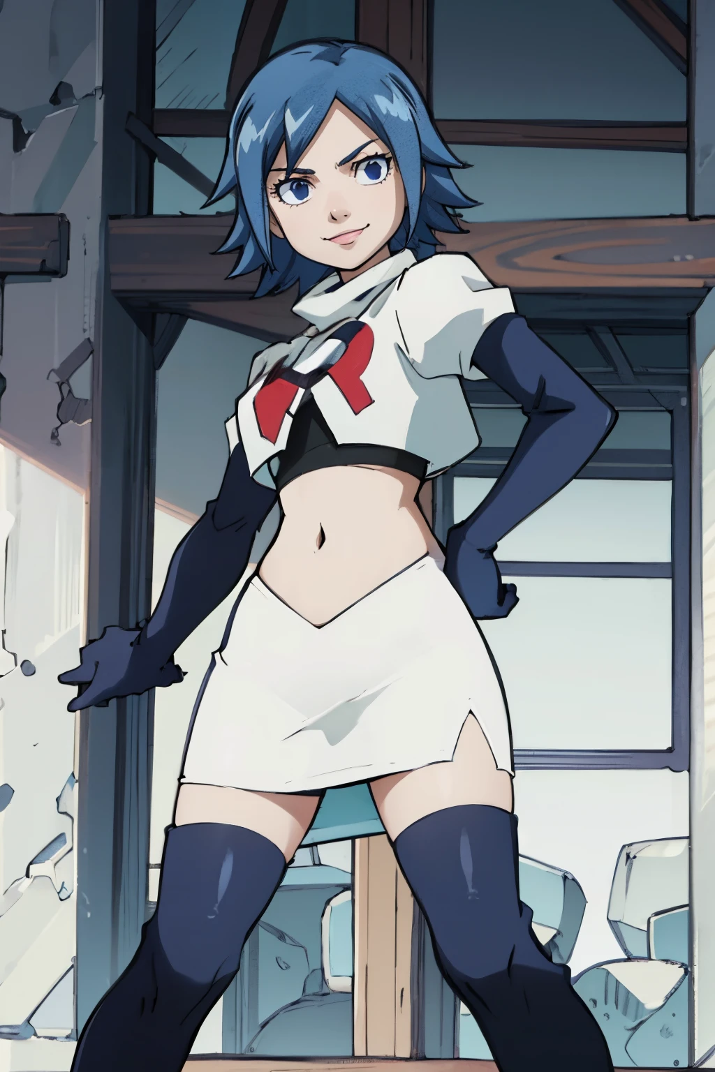 JUVIAJFT ,team rocket uniform, red letter R, white skirt,white crop top,black thigh-highs,black elbow gloves, smile, blue eyes, cowboy shot, posing