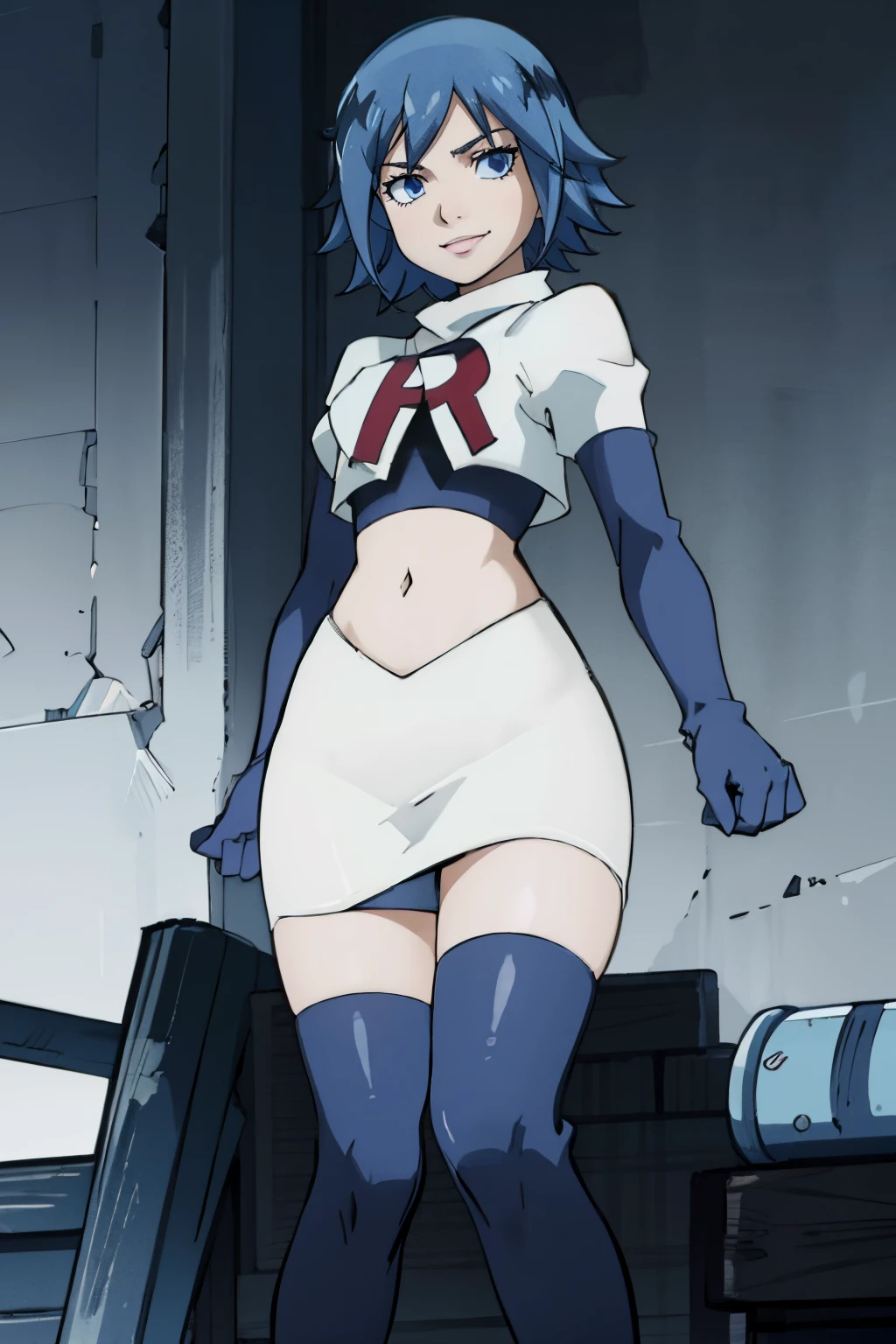 JUVIAJFT ,team rocket uniform, red letter R, white skirt,white crop top,black thigh-highs,black elbow gloves, smile, blue eyes, cowboy shot, posing