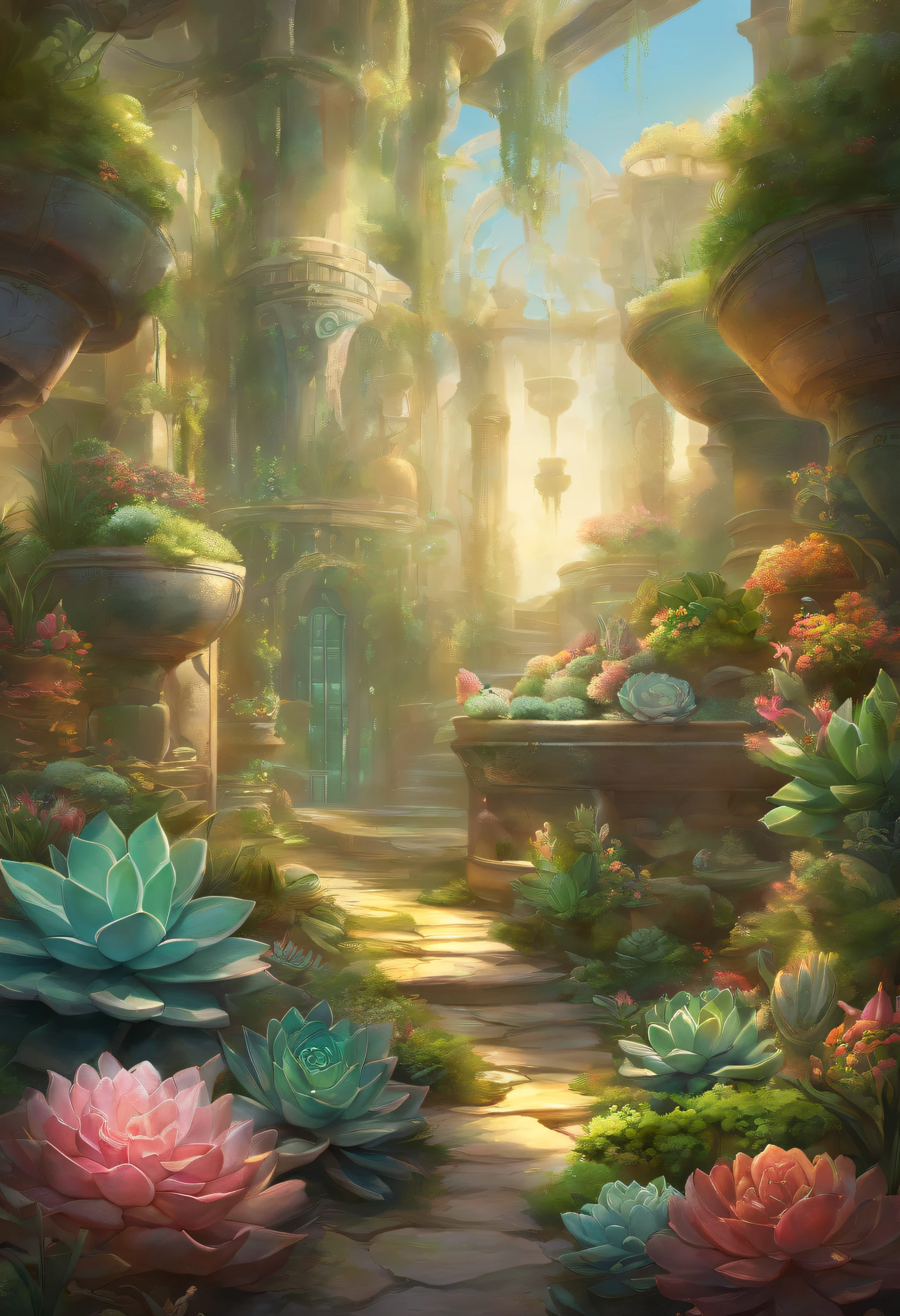 Succulents、potted plant、glasshouse、wide variety of succulents、Botanical Garden、best composition、masutepiece、Photorealsitic、ultra-detailliert