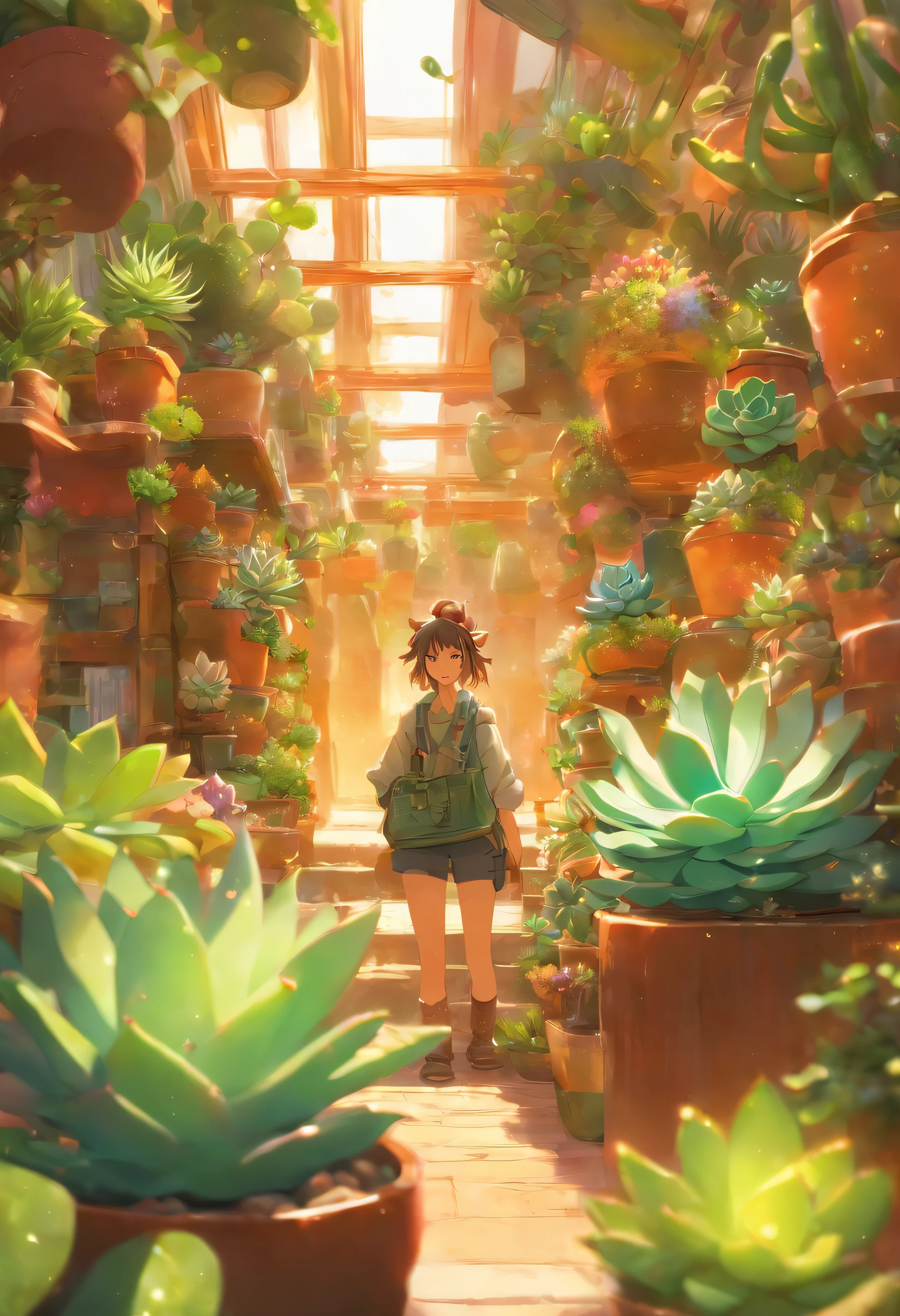 Succulents、potted plant、glasshouse、wide variety of succulents、botanical garden、best composition、masutepiece、Photorealsitic、ultra-detailliert